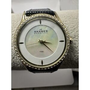 Skagen N347SGLB Ladies MOP Watch New Battery 30MM 7.5"‎ Black Leather Band T88